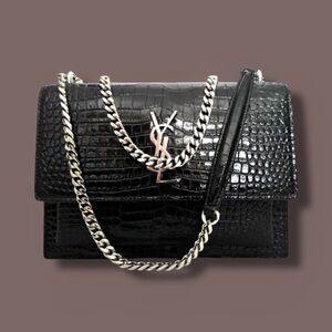 🆕💕YSL Sunset Croc-Embossed Leather Crossbody / Shoulder Bag SHW • BLACK • NWOT